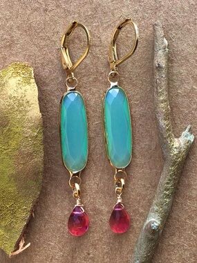 Blue mint chalcedony bezel rubellite tourmaline quartz 24k gold plated Earrings